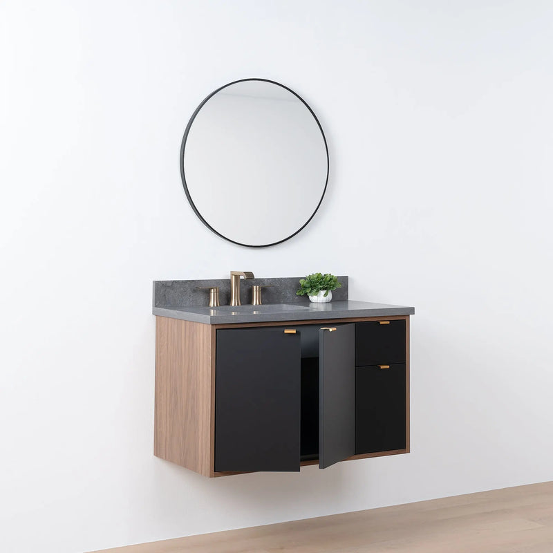 Sidney SLIM 36" Wall Mount Matte Black Bathroom Vanity, Left Sink - Teodor Vanities United States