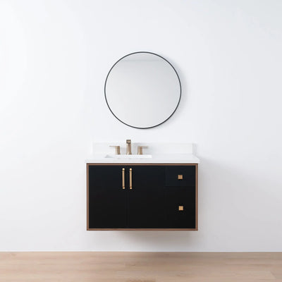 Sidney SLIM 36" Wall Mount Matte Black Bathroom Vanity, Left Sink - Teodor Vanities United States