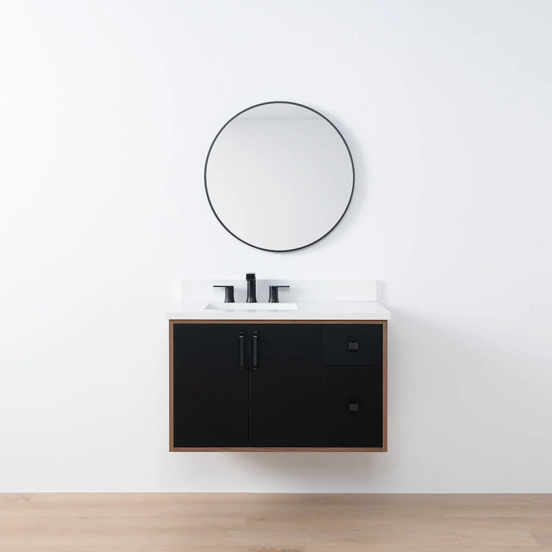 Sidney SLIM 36" Wall Mount Matte Black Bathroom Vanity, Left Sink - Teodor Vanities United States