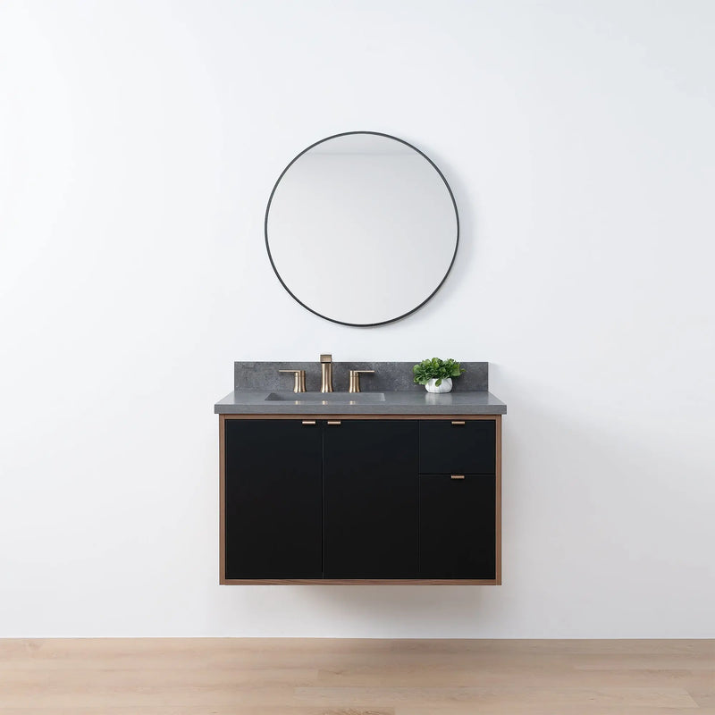 Sidney SLIM 36" Wall Mount Matte Black Bathroom Vanity, Left Sink - Teodor Vanities United States