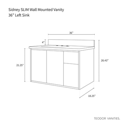 Sidney SLIM 36" Wall Mount Matte Black Bathroom Vanity, Left Sink - Teodor Vanities United States