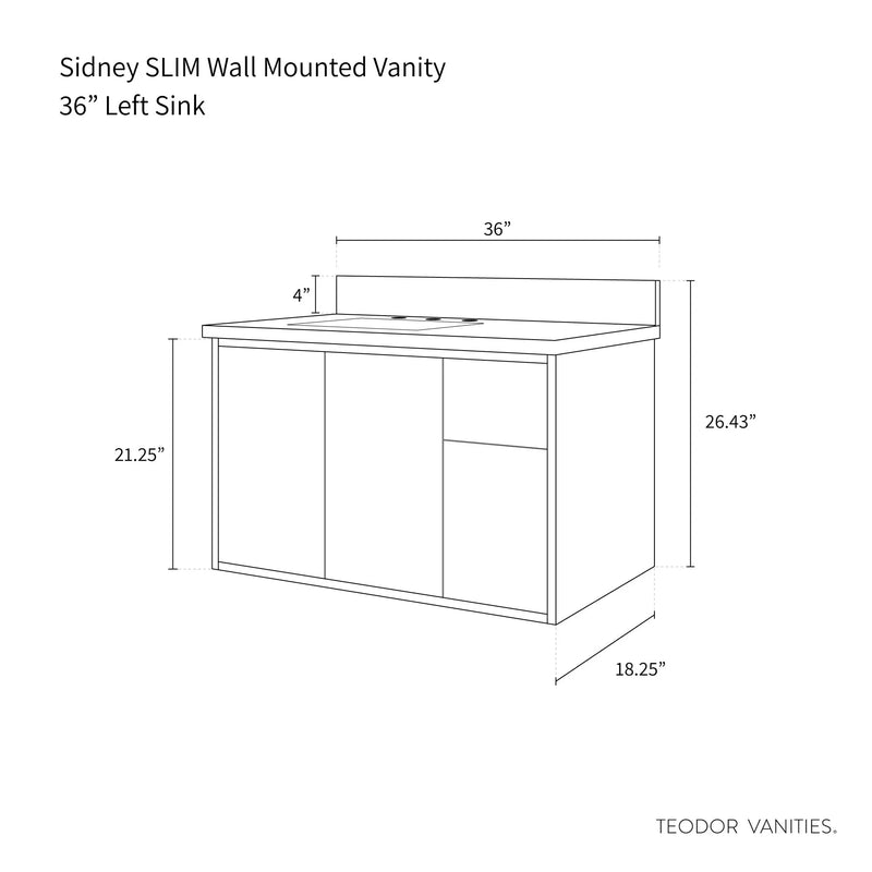 Sidney SLIM 36" Wall Mount Matte Black Bathroom Vanity, Left Sink - Teodor Vanities United States