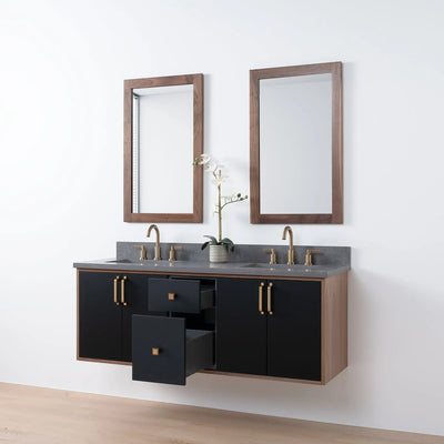 Sidney SLIM 60" Wall Mount Matte Black Bathroom Vanity, Double Sink - Teodor Vanities United States