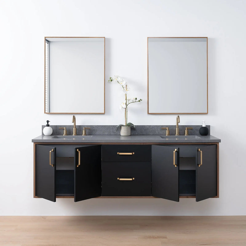 Sidney SLIM 72" Wall Mount Matte Black Bathroom Vanity, Double Sink - Teodor Vanities United States