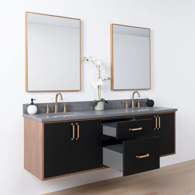 Sidney SLIM 72" Wall Mount Matte Black Bathroom Vanity, Double Sink - Teodor Vanities United States