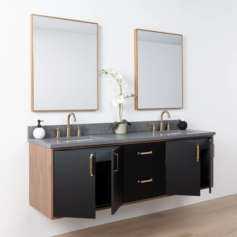 Sidney SLIM 72" Wall Mount Matte Black Bathroom Vanity, Double Sink - Teodor Vanities United States