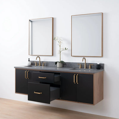 Sidney SLIM 72" Wall Mount Matte Black Bathroom Vanity, Double Sink - Teodor Vanities United States