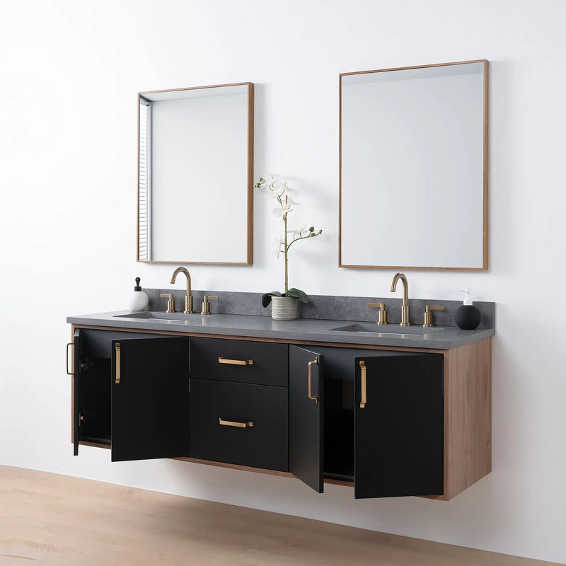 Sidney SLIM 72" Wall Mount Matte Black Bathroom Vanity, Double Sink - Teodor Vanities United States