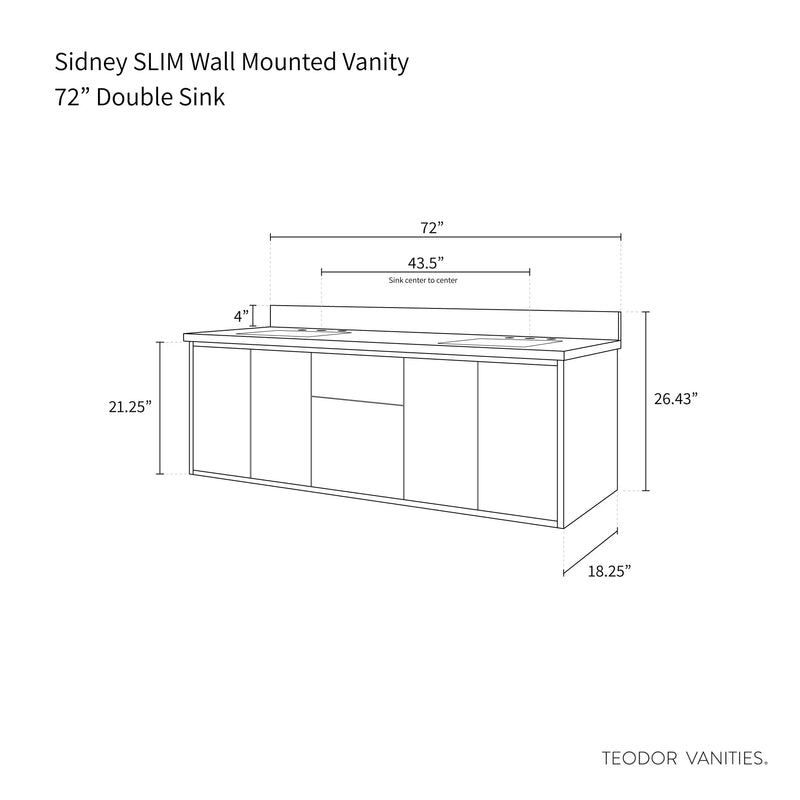 Sidney SLIM 72" Wall Mount Matte Black Bathroom Vanity, Double Sink - Teodor Vanities United States