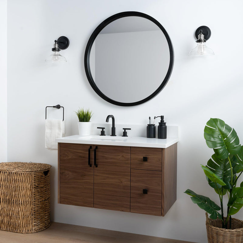 Austin SLIM, 36" Teodor® Modern Wall Mount American Black Walnut Vanity, Left Sink