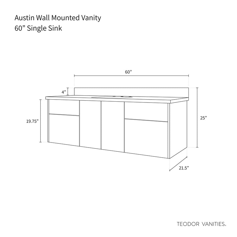 Austin 60", Teodor® Modern Wall Mount Gloss White Vanity