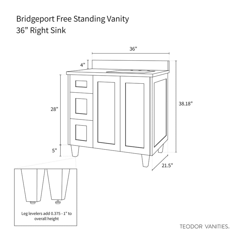 Bridgeport 36", Teodor® Satin White Vanity, Right Sink