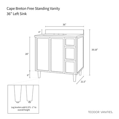 Cape Breton 36", Teodor® Satin White Vanity, Left Sink