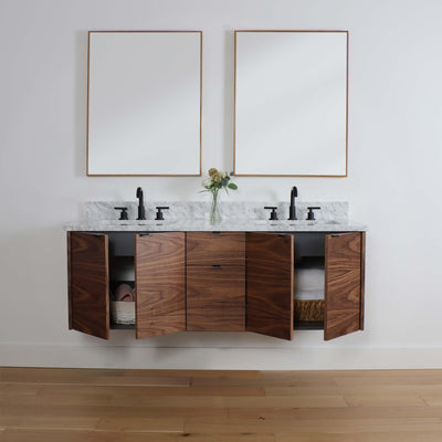 Austin 60", Teodor Modern Wall Mount American Black Walnut Vanity, Double Sink - The Vanity Store Canada