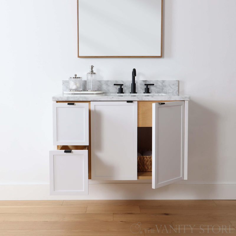 Cape Breton 36", Wall Mount Satin White Vanity, Right Sink - The Vanity Store Canada